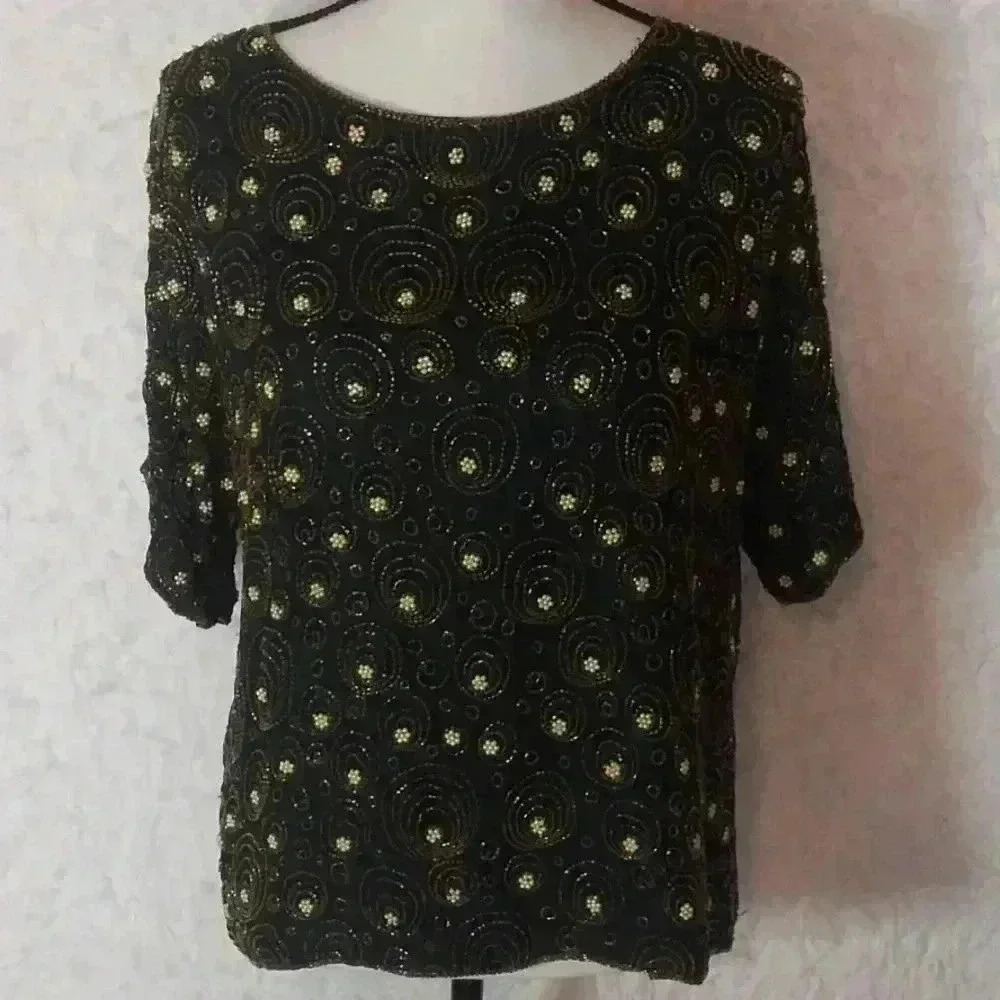 Vintage 1980s Era Joseph Le Bon Silk Black with Gold Beading Size L